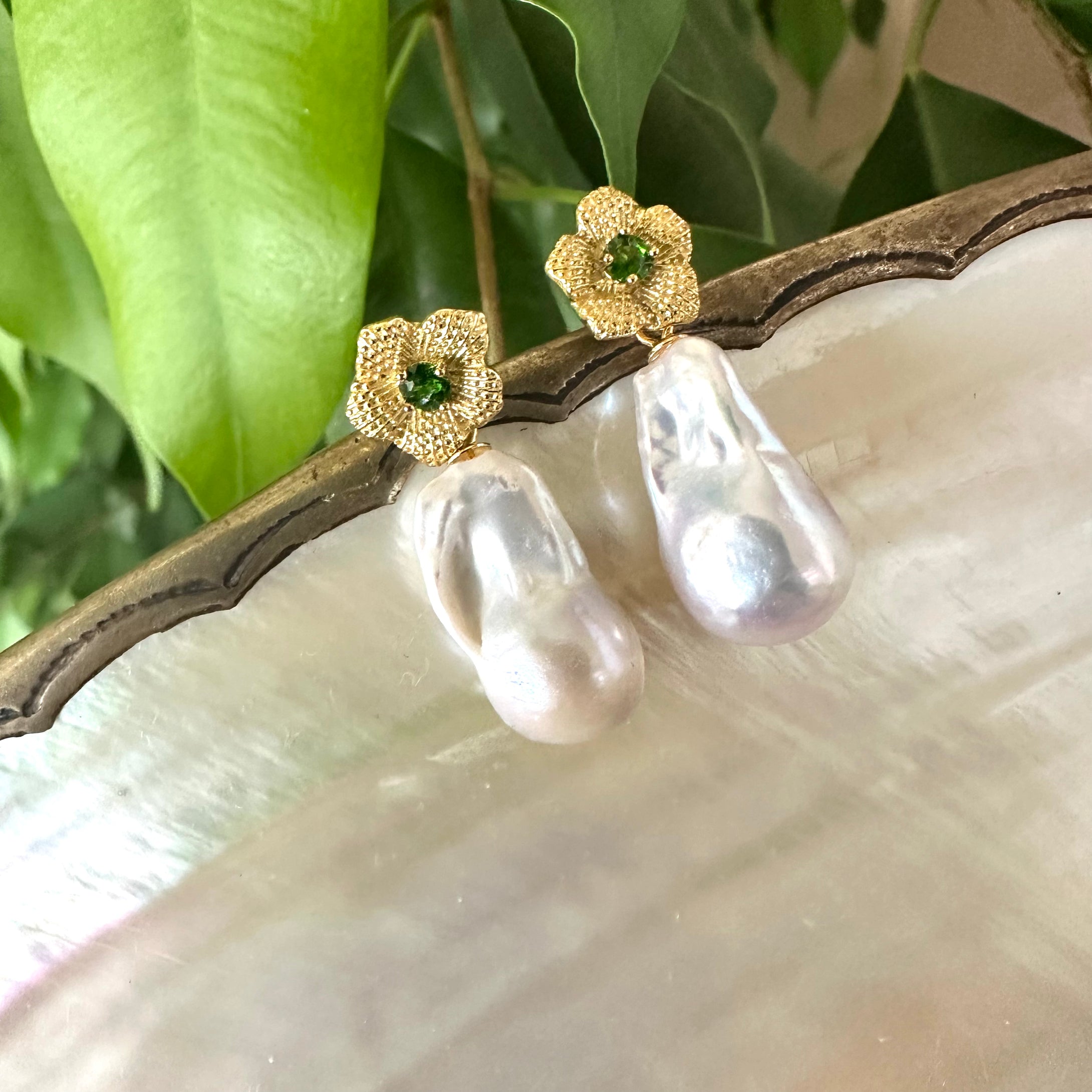 Green Chrome Diopside Flower Studs & Baroque Pearl Earrings
