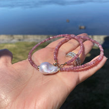 Load image into Gallery viewer, Pink Tourmaline faceted beads and Baroque Pearl centred in the middle of the Necklace adorned with Gold Filled accent beads and secured with gold filled lobster clasp. October Birthstone Necklace, Gift For Her, measures 17.5&quot;inches
