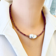 Load image into Gallery viewer, Pink Tourmaline faceted beads and Baroque Pearl centred in the middle of the Necklace adorned with Gold Filled accent beads and secured with gold filled lobster clasp. October Birthstone Necklace, Gift For Her, measures 17.5&quot;inches
