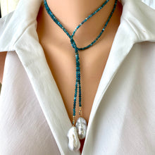 Charger l&#39;image dans la galerie, Single Strand of Blue Apatite &amp; two Large Baroque Pearls Beaded Necklace, 41&quot;inches
