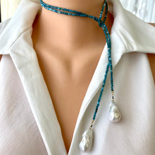 Charger l&#39;image dans la galerie, Single Strand of Blue Apatite &amp; two Large Baroque Pearls Beaded Necklace, 41&quot;inches
