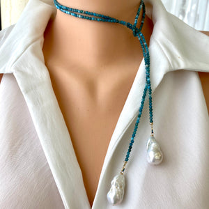 Blue Apatite & two Large Baroque Pearls Lariat Necklace, 41"