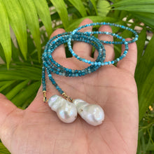 Load image into Gallery viewer, Blue Apatite &amp; two Large Baroque Pearls Lariat Necklace, 41&quot;
