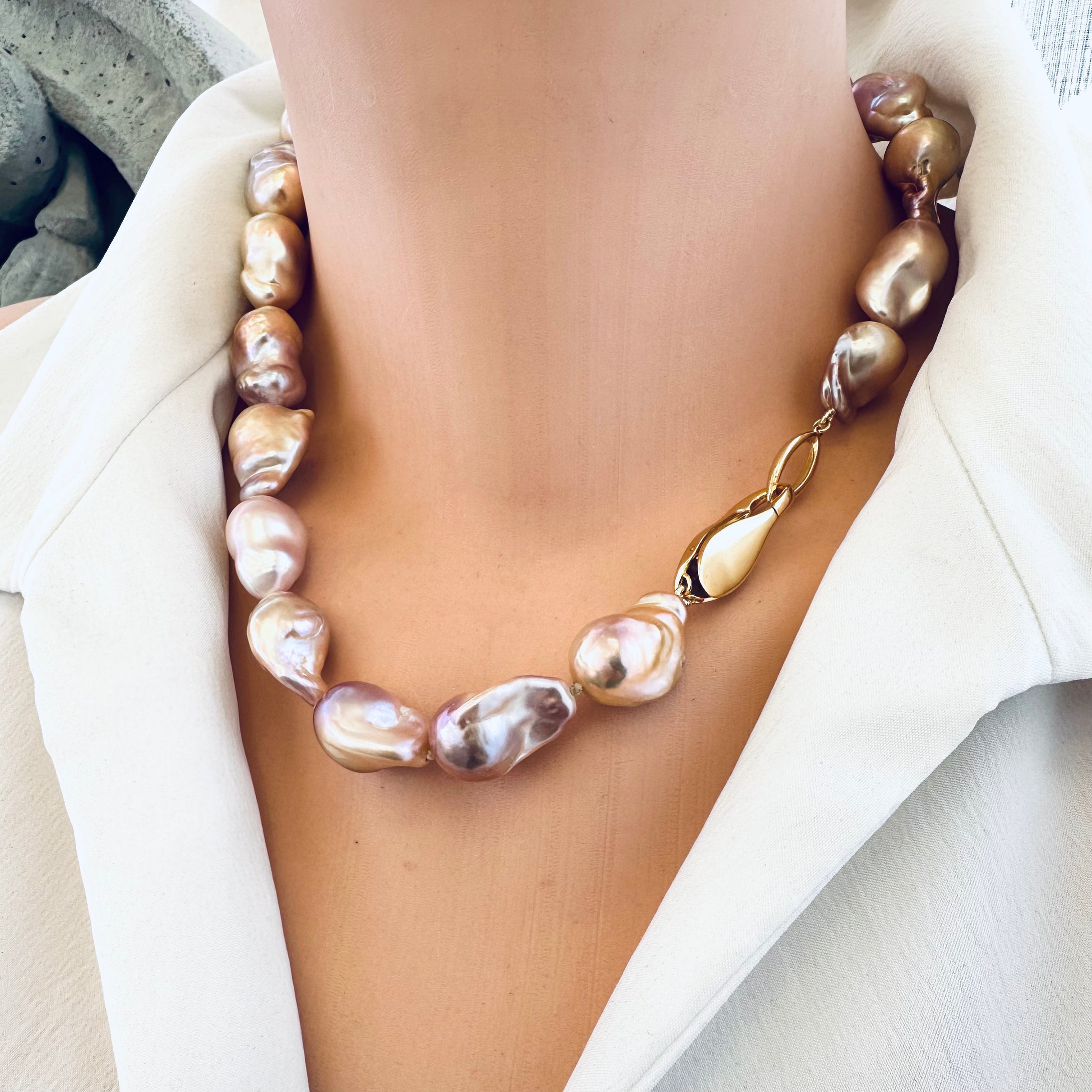 Golden Pink Baroque Pearl Necklace with Stylish Clasp