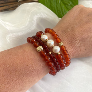 Orange Carnelian Stretch Bracelet in 6 or 8mm, Gold Filled, Red Agate Bracelet with Pearls, 7"