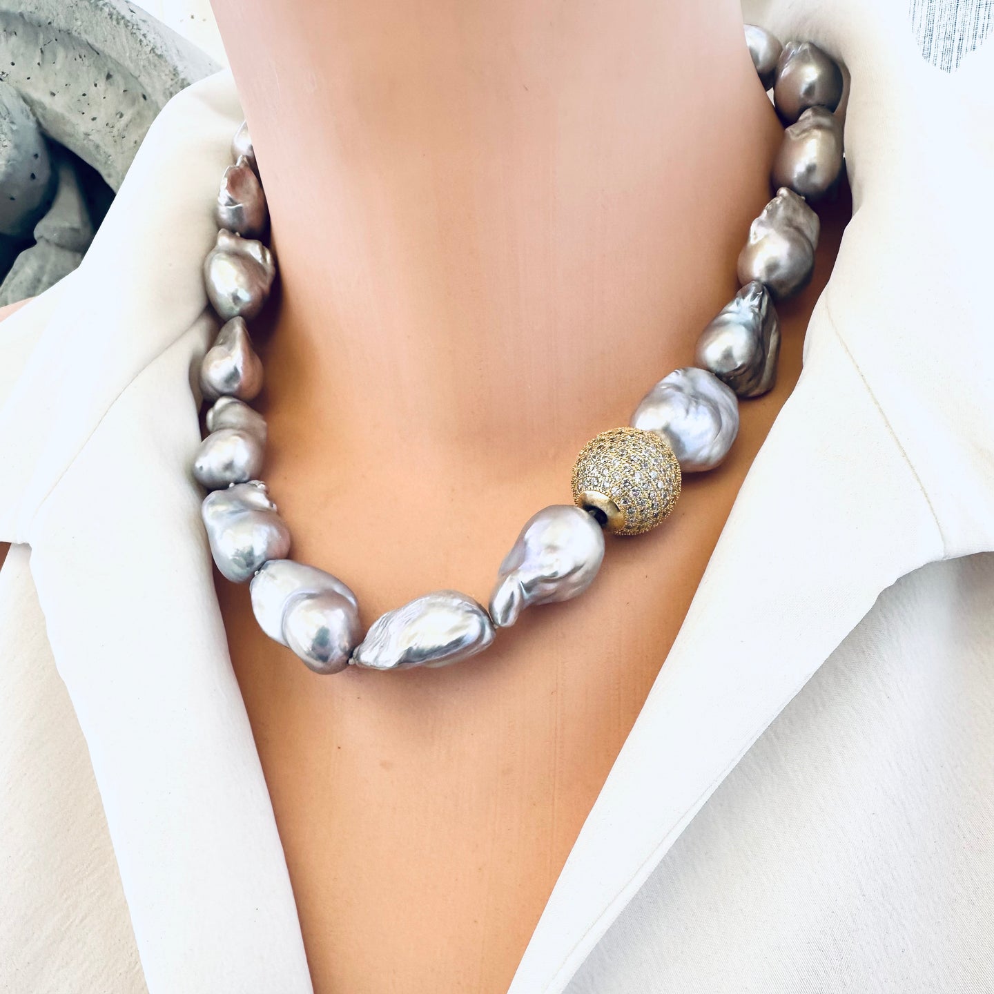 Silver Grey Baroque Pearl Necklace with Cz Pave Gold Plated Silver Details and Marine Clasp, 19
