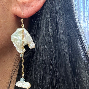 Boho Chic Square Pearl Earrings with a Touch of Blue, 14kGF