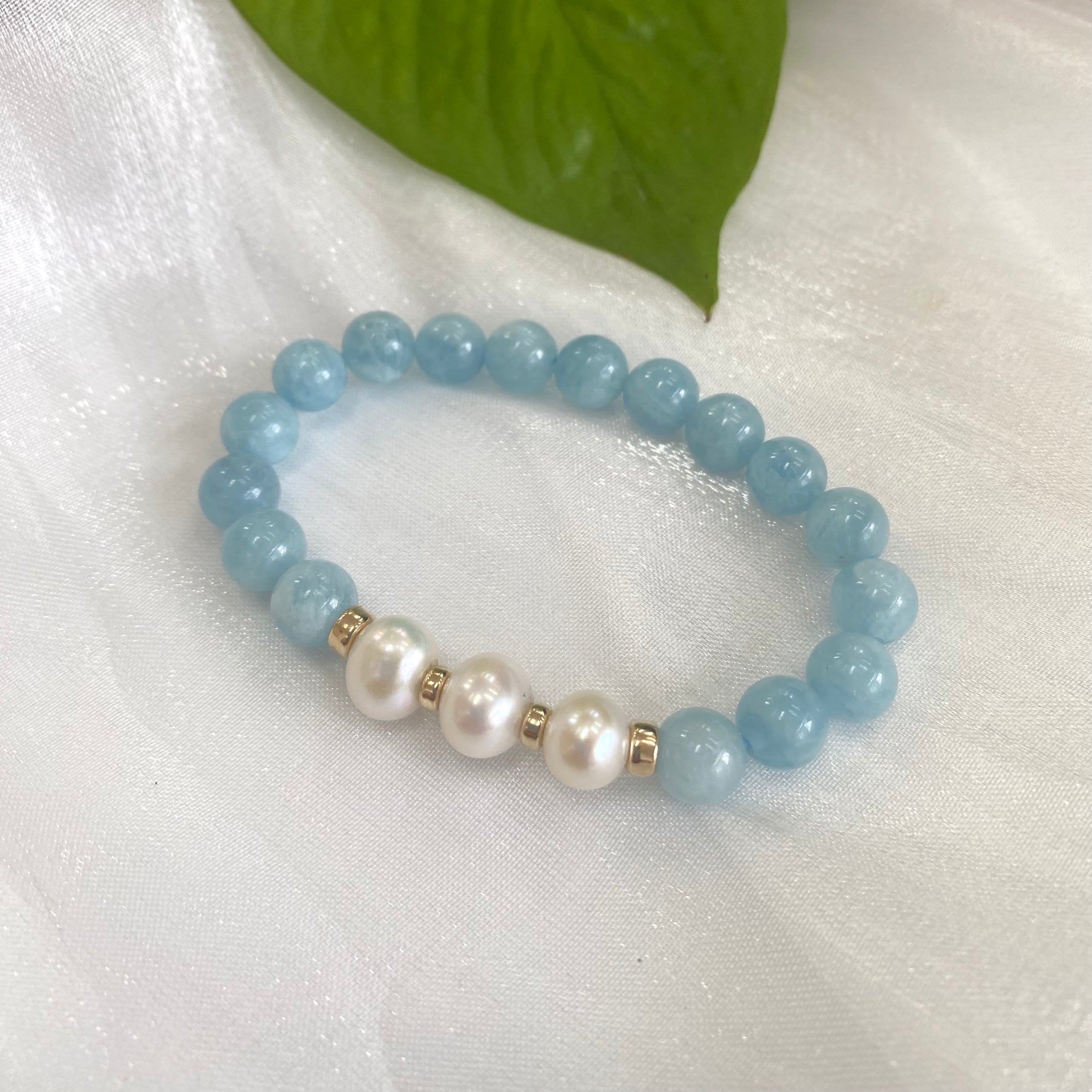 Aquamarine 8mm & Freshwater Pearl Bracelet, 14K GF