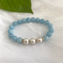 Lade das Bild in den Galerie-Viewer, Aquamarine &amp; Freshwater Pearl Bracelet, March Birthstone, Gold Filled, 7&quot;inches, 8mm Beads
