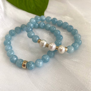 Aquamarine & Freshwater Pearl Bracelet, March Birthstone, Gold Filled, 7"inches, 8mm Beads