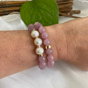 Madagascar Rose Quartz & Freshwater Pearl Stretch Bracelet, Gold Filled, 7"inches, In 8mm