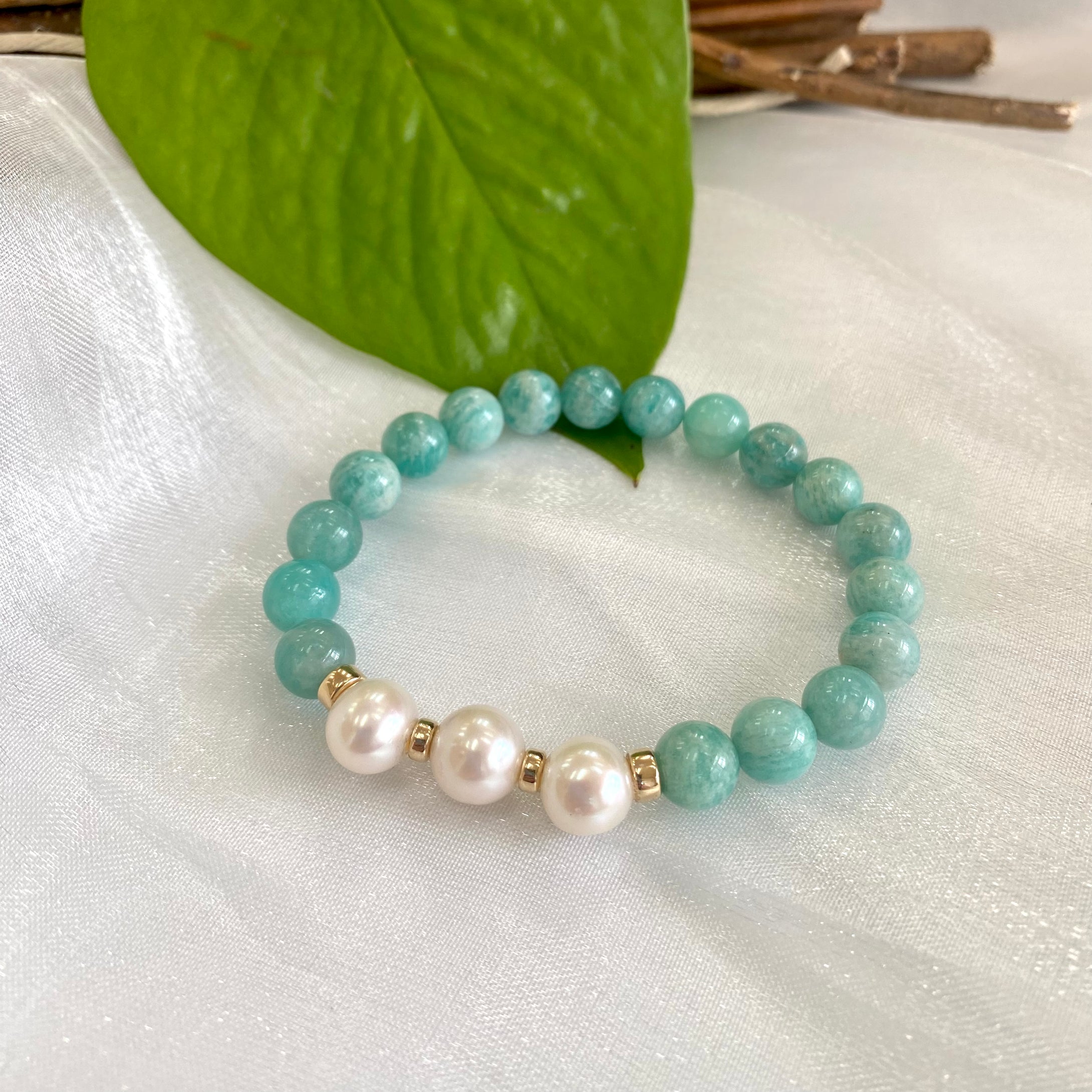 Amazonite & Freshwater Pearl Stretchy Bracelet, 14K GF