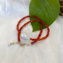 Cargar imagen en el visor de la galería, Burnt Orange Carnelian Necklace, Freshwater White Baroque Pearl and Gold Filled Details, 16&quot;inches +2&quot;
