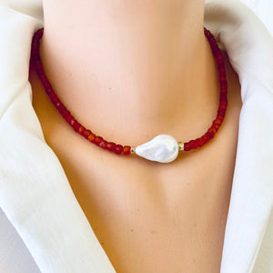 Burnt Orange Carnelian Necklace, Freshwater White Baroque Pearl and Gold Filled Details, 16"inches +2"