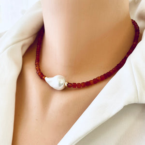 Burnt Orange Carnelian Necklace, Freshwater White Baroque Pearl and Gold Filled Details, 16"inches +2"