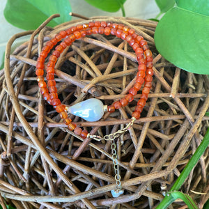 Burnt Orange Carnelian Necklace, Freshwater White Baroque Pearl and Gold Filled Details, 16"inches +2"