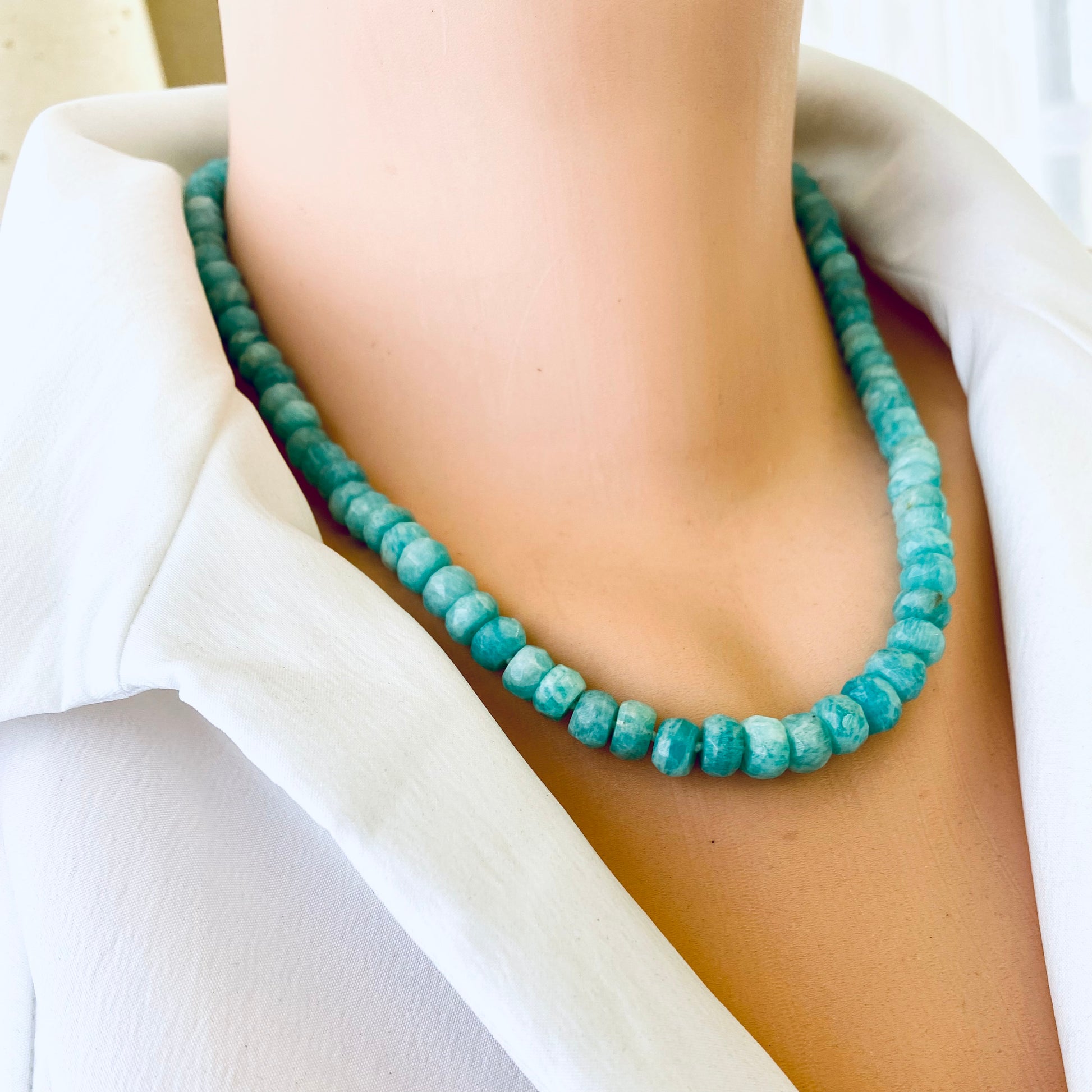 Amazonite candy necklace styled on neckline with soft green gemstone beads
