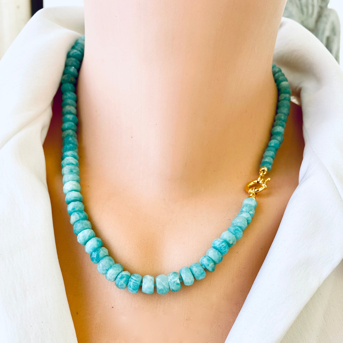 Amazonite candy necklace with graduated green beads and gold clasp, handmade in Canada