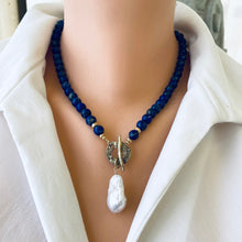 Cargar imagen en el visor de la galería, Lapis Lazuli Beaded Necklace with Freshwater Baroque Pearl, Gold Filled, Gold Bronze,18&quot;in
