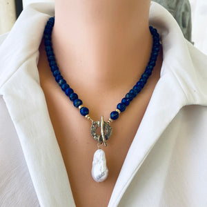 Lapis Lazuli Beaded Necklace with Freshwater Baroque Pearl, Gold Filled, Gold Bronze,18"in