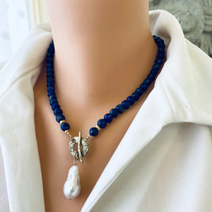 Lapis Lazuli Beaded Necklace with Freshwater Baroque Pearl, Gold Filled, Gold Bronze,17.5"in 