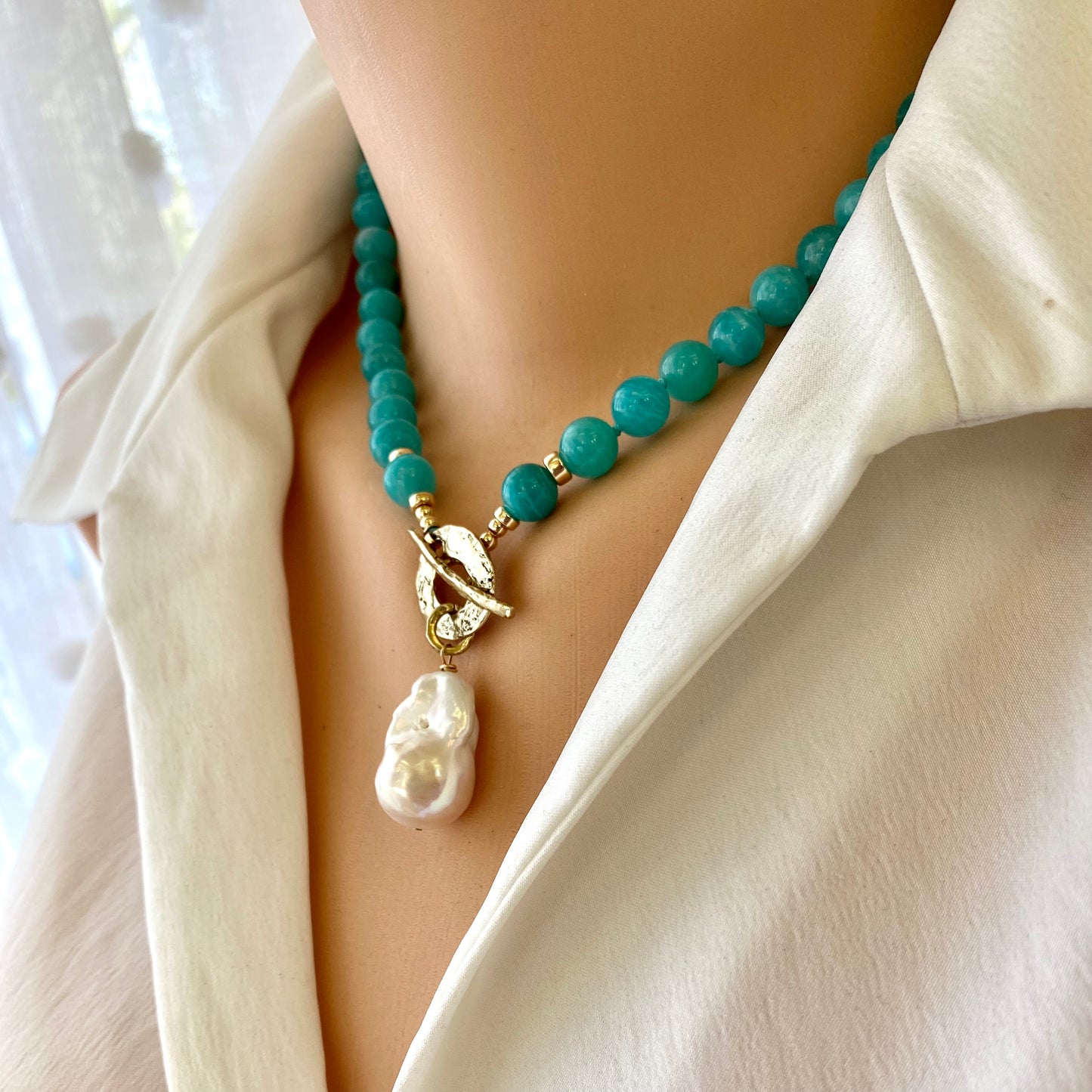LIVE #5 - Blue Amazonite & White Baroque Pearl Necklace