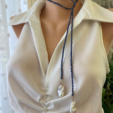 Load image into Gallery viewer, Single Strand of Blue Sodalite faceted Beads 3mm &amp; one white Baroque Pearl on each end. Versatile Lariat Wrap Necklace, 47&quot;inches long
