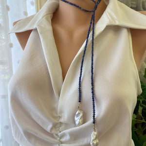 Single Strand of Blue Sodalite faceted Beads 3mm & one white Baroque Pearl on each end. Versatile Lariat Wrap Necklace, 47"inches long