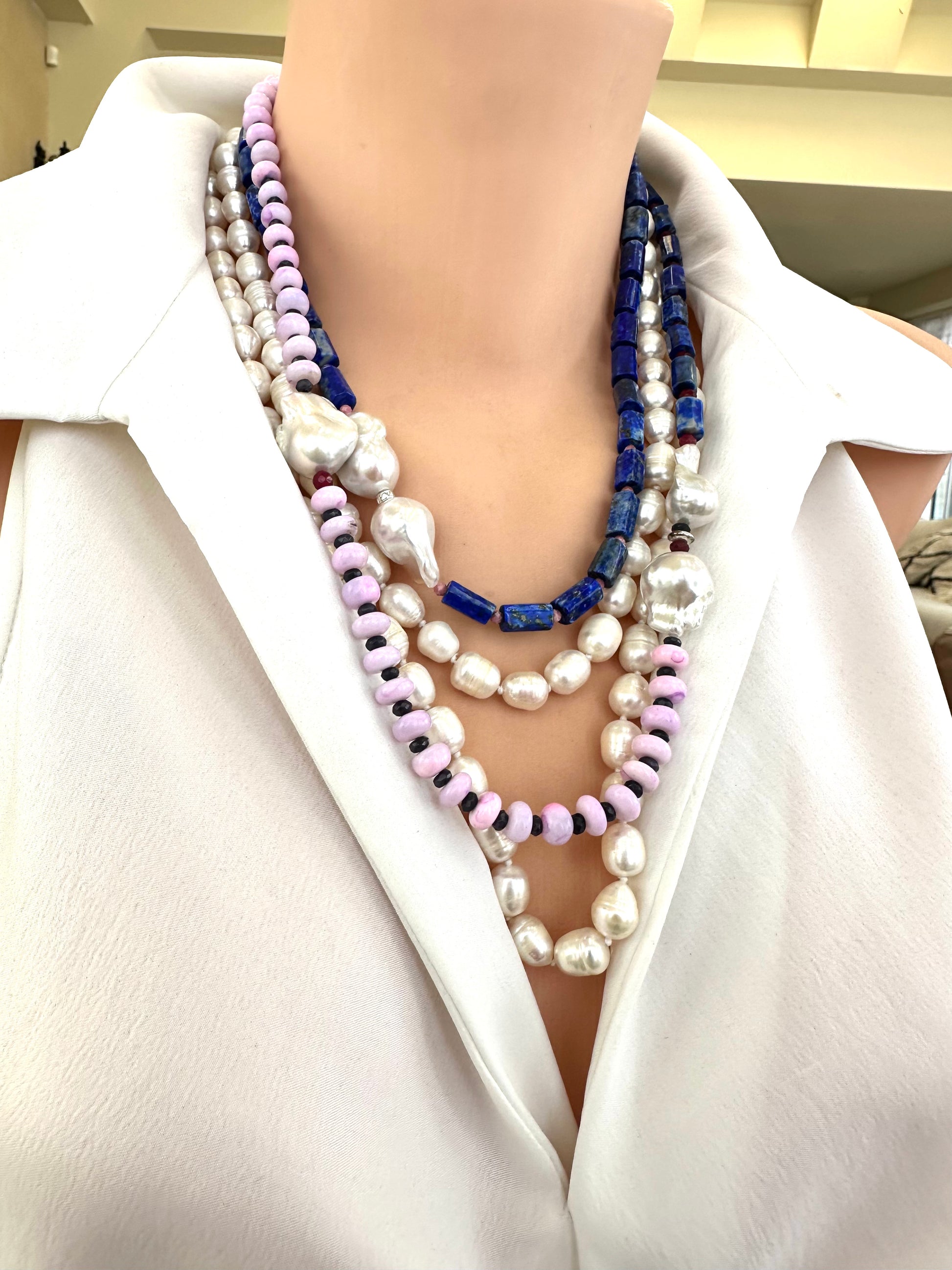 Side view of lapis lazuli opal agate pearl necklace on mannequin — elegant artistic gemstone design by Loulia Pearl Jewelry