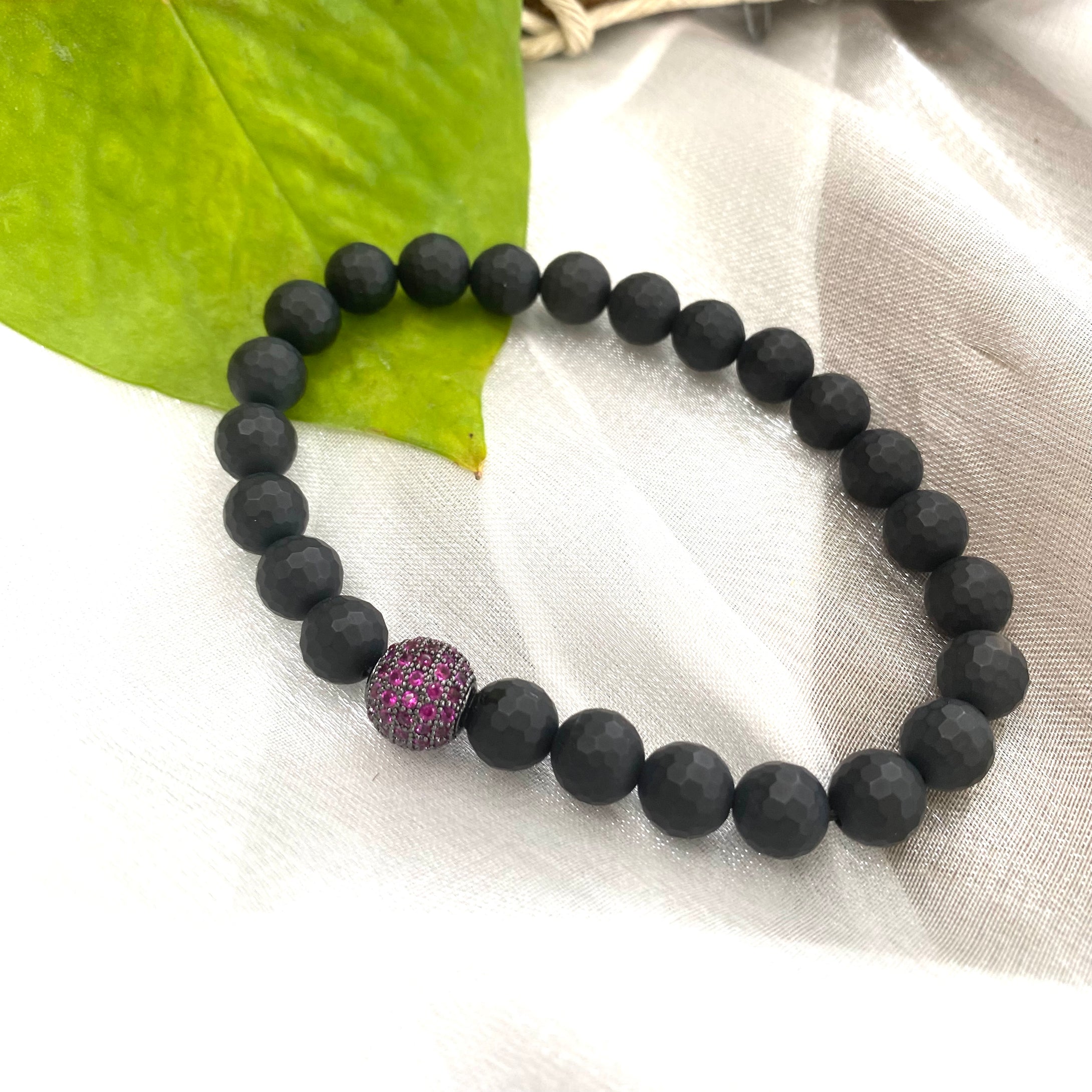Matte Black Onyx Stretch Bracelet For Men, Ruby Red Cz