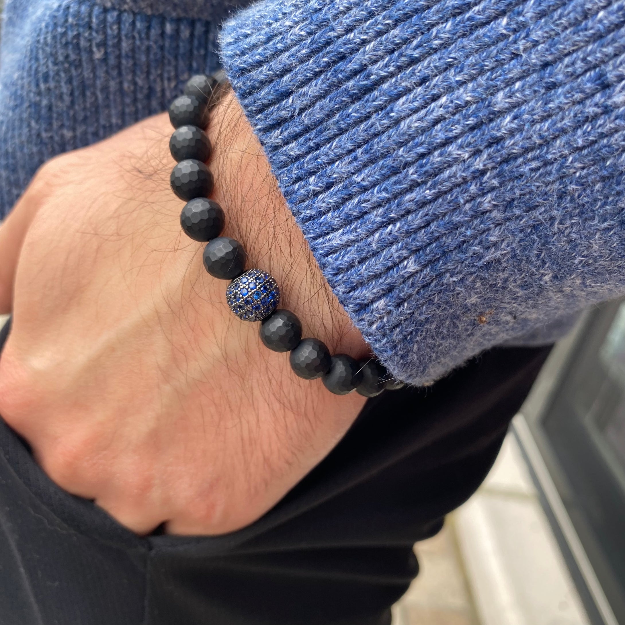 Matte Black Onyx Stretch Bracelet For Men, Blue Cz