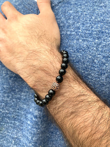 Faceted Black Onyx Stretchy Bracelet For Men with Black Cz Paved Rose Gold Plated Spacer, 7.5"inches