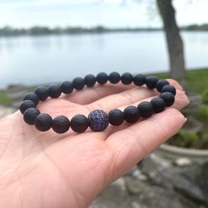 Matte Black Onyx Stretchy Bracelet For Men with Blue Cz Paved Gunmetal Spacer,  7.5"