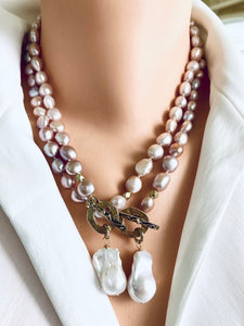 Hand Knotted Pink Pearl Toggle Necklace, White Baroque Pearl Pendant, Artisan Gold Bronze Toggle Clasp, 18" or 19"in