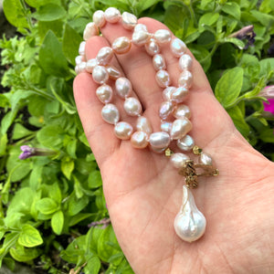 Hand Knotted Pink Pearl Toggle Necklace, White Baroque Pearl Pendant, Artisan Gold Bronze Toggle Clasp, 18" or 19"in