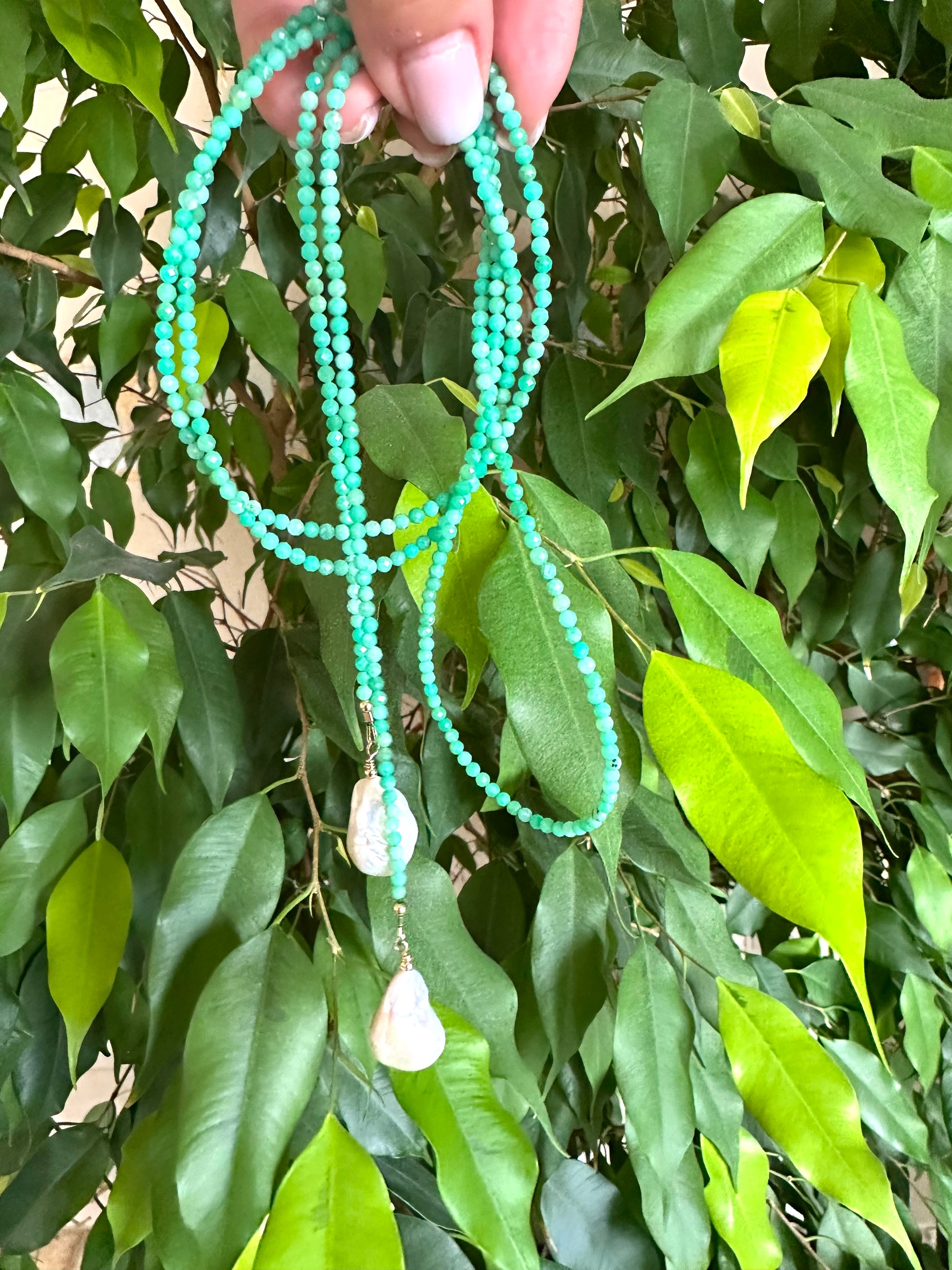 Handcrafted Apple Green Chrysoprase Lariat Necklace photographed in nature — vibrant chrysoprase and pearl jewelry by Loulia Pearl Jewelry