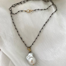 Charger l&#39;image dans la galerie, Delicate Pyrite Rosary Chain with Baroque Pearl Pendant Necklace, Gold Vermeil Silver Rosary Chain, Diamond Pave accent, 20&quot;inches
