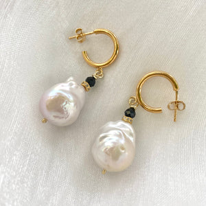 White Baroque Pearl Hoop Earrings, with Black Spinel and Diamonds Pave Accent, Baroque Pearls Drop Earrings, Gold Vermeil Plated Silver. Drop length 30mm