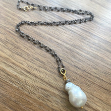 Charger l&#39;image dans la galerie, Delicate Pyrite Rosary Chain with Baroque Pearl Pendant Necklace, Gold Vermeil Silver Rosary Chain, Diamond Pave accent, 20&quot;inches
