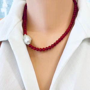 Red Coral Short Necklace with Natural Baroque Pearl and Sterling Silver Details, 18"inches