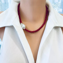 Load image into Gallery viewer, red coral and one large baroque pearl on the side of the necklace with sterling silver details, measuring 18 inches. This vibrant jewelry piece makes a thoughtful gift for her.
