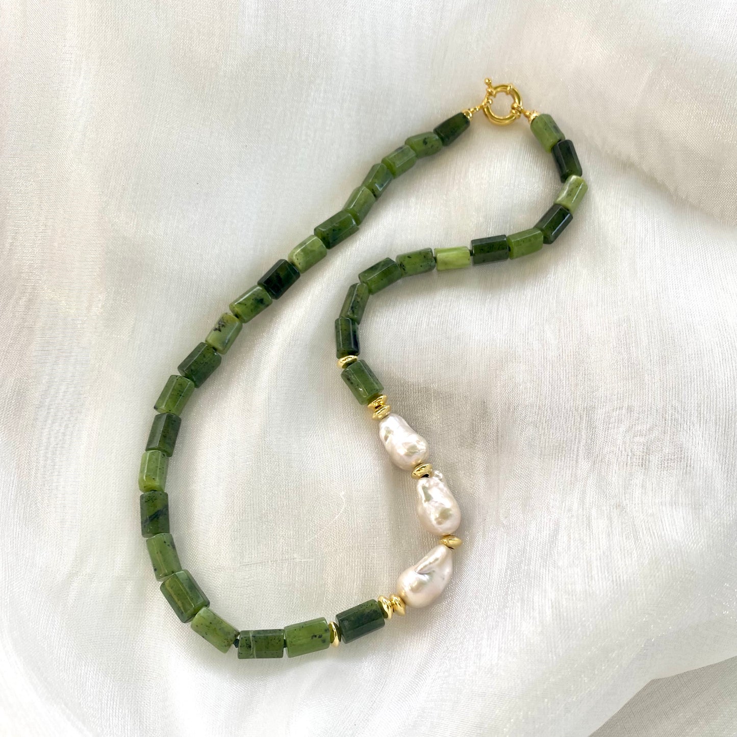 Canadian jade pearl necklace with hand-knotted green jade tube beads and pearls