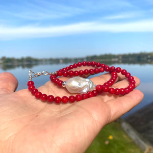 Red Coral Short Necklace with Natural Baroque Pearl and Sterling Silver Details, 18"inches