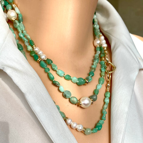  This exquisite necklace features a combination of natural shaded Chrysoprase beads and lustrous freshwater pearls, meticulously hand-knotted to create a breathtakingly beautiful design. With a remarkable length of 57 inches offering endless layering possibilities, adding your own pendant and allowing you to effortlessly elevate your style and create stunning statement looks. 