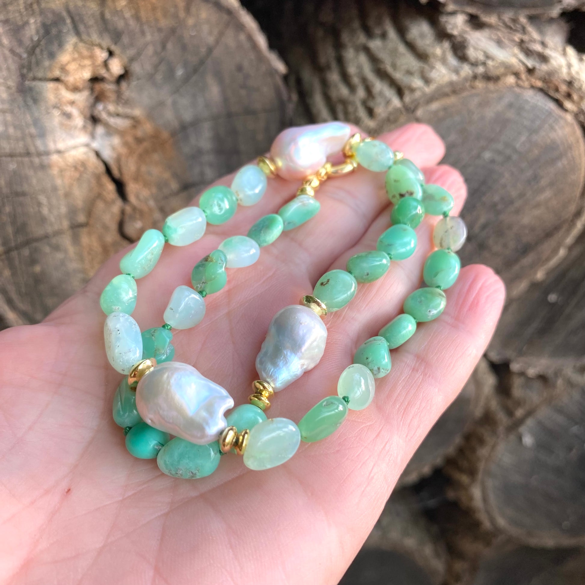 Hand Knotted shaded Apple Green Chrysoprase nugget beads & 3 Baroque Pearls Necklace,  Gold Vermeil Plated Silver separation beads and marine clasp, 17"inches long