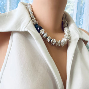 White Cornflake Pearls Necklace & Black Baroque Pearl, Silver Marine Clasp, 19"