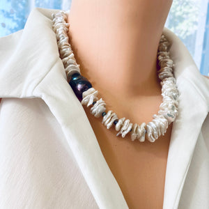 White Cornflake Pearls Necklace & Black Baroque Pearl, Silver Marine Clasp, 19"