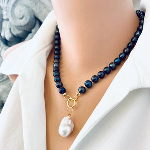 Black Pearl Necklace with Removable Black Baroque Pearl Pendant, Gold Vermeil Plated Silver,17.5"in