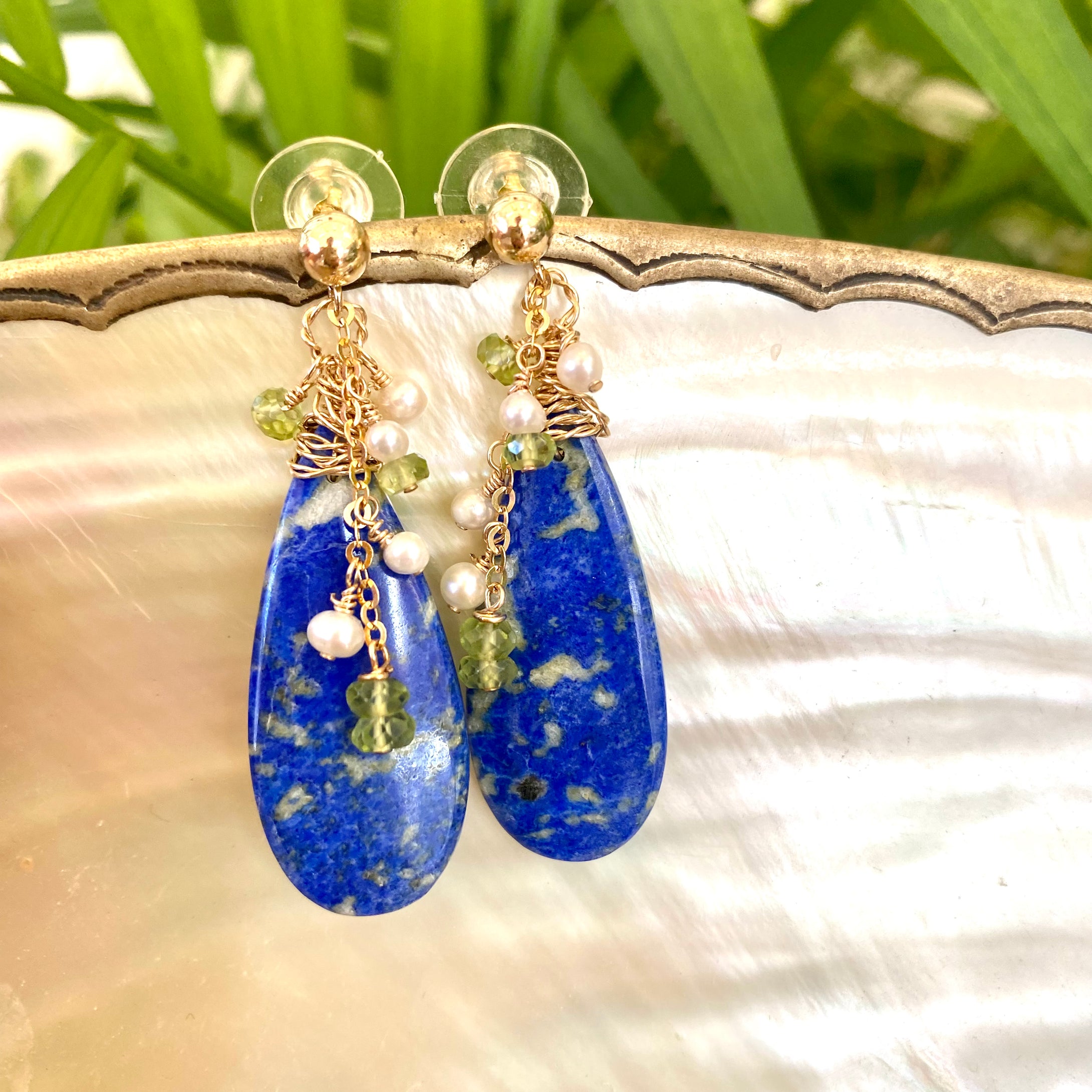 Teardrop Lapis Lazuli & Peridot Earrings, 14k GF