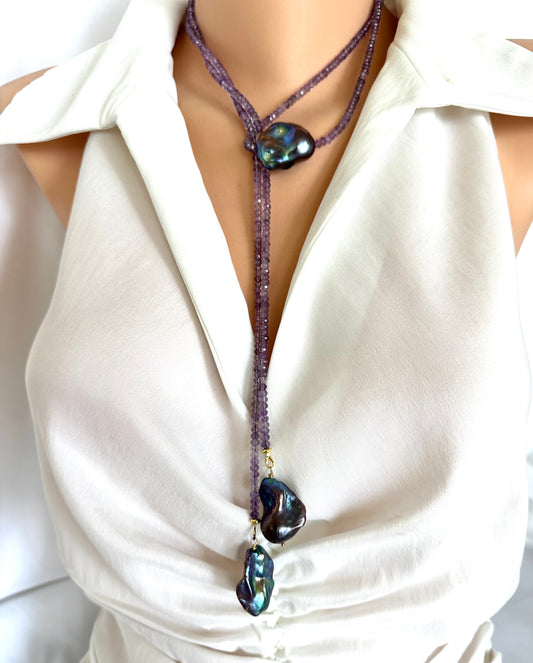 Amethyst and Black Baroque Pearl Lariat Necklace on mannequin — handcrafted gemstone and pearl jewelry by Loulia Pearl Jewelry